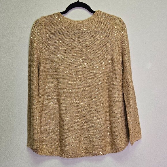 Chicos Gold Sequin Knit Sweater Size 1 M Metallic Holiday Party New Years - Picture 2 of 6